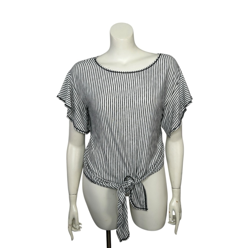Max Studio Striped Top Women's Large Black and White Short Sleeve Tie At Waist